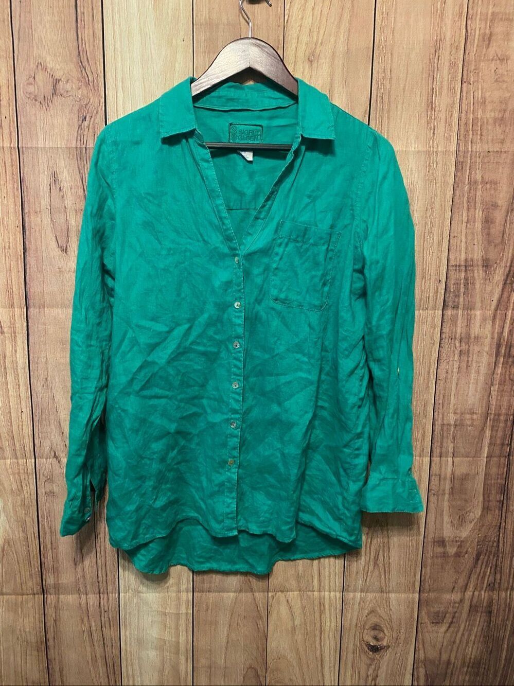Sigrid Olsen Medium green blouse shirt button up 100% Linen